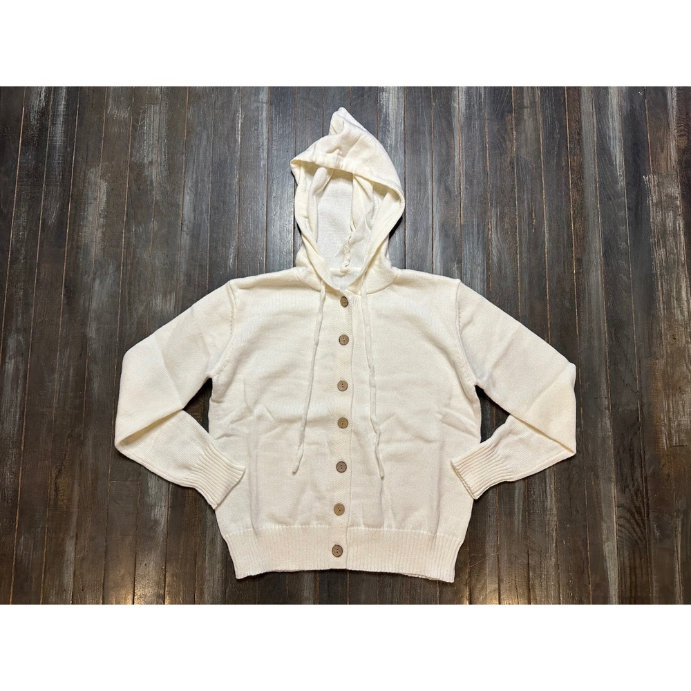 Cream Knit Hooded Cardigan Sweater Button Front Drawstring Ivory